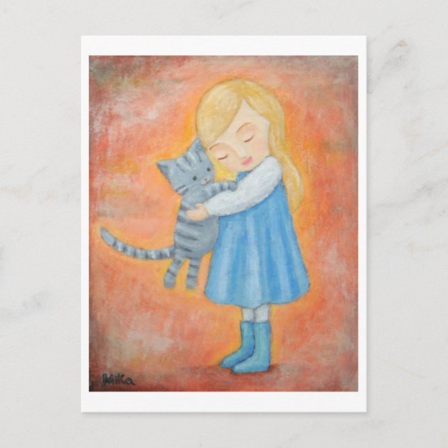 Grey Tabby Cat & Blonde Girl Hug Post Card (Front)