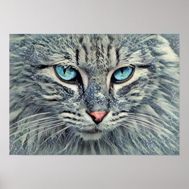 Grey Tabby Cat-Blue Eyes Poster (Front)