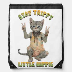 Grey Tabby Cat Boho Stay Trippy Little Hippie Drawstring Bag