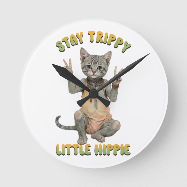 Grey Tabby Cat Boho Stay Trippy Little Hippie  Round Clock (Front)