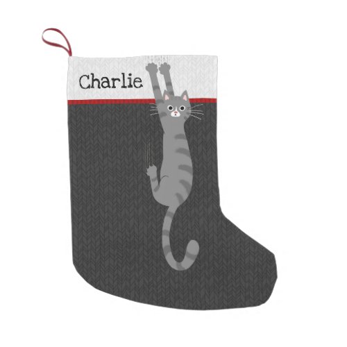 Grey Tabby Cat Hanging On  Funny Cat Holiday Small Christmas Stocking