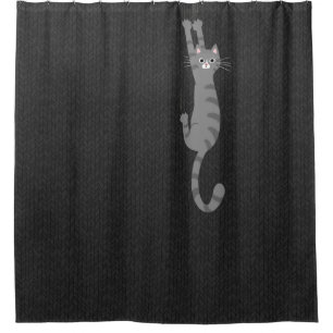 Grey Tabby Cat Hanging On Funny Gray Striped Cat Shower Curtain
