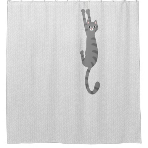 Grey Tabby Cat Hanging On  Funny Gray Striped Cat Shower Curtain