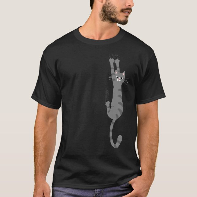 Grey Tabby Cat Hanging On | Funny Gray Striped Cat T-Shirt (Front)