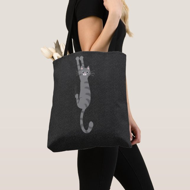 Grey Tabby Cat Hanging On | Funny Gray Striped Cat Tote Bag (Close Up)