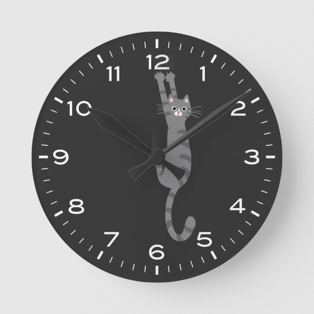 Grey Tabby Cat Hanging On Funny Round Clock (Front)