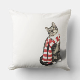 Grey Tabby Cat in a red and white stripped scarf Throw Pillow