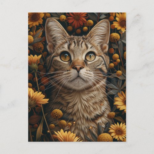 Grey Tabby Cat in Fall Flowers Garden Postcard