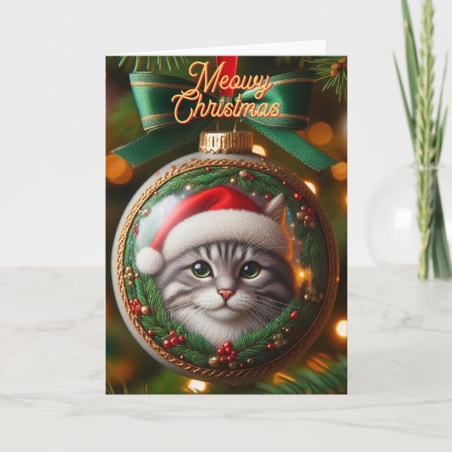 Grey Tabby Cat on Ornament Christmas Card (Front)