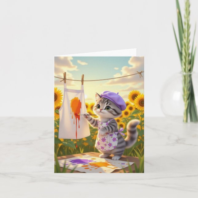 Grey Tabby Cat Painting Letterpress Thank You Card (Front)