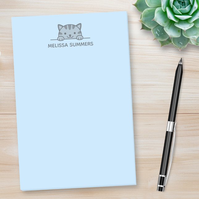 Grey Tabby Cat Peeking above Custom Name Blue Post-it Notes (Creator Uploaded)