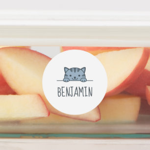 Grey Tabby Cat Peeking above Custom Name Kids' Labels