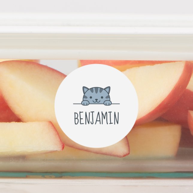 Grey Tabby Cat Peeking above Custom Name Kids' Labels (Affixed)