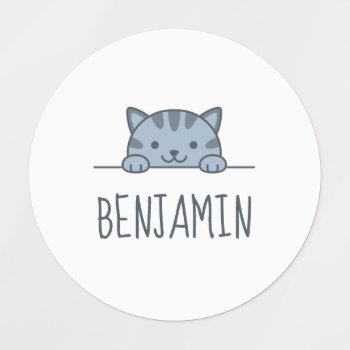 Grey Tabby Cat Peeking Above Custom Name Kids' Labels by Chibibi at Zazzle