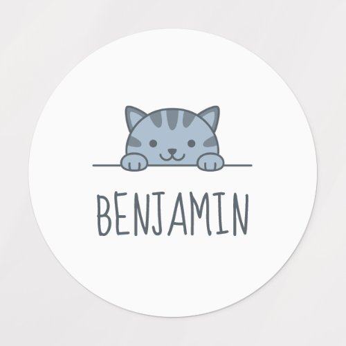 Grey Tabby Cat Peeking above Custom Name Kids Labels