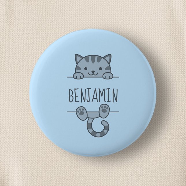 Grey Tabby Cat Peeking behind Custom Name Blue Button (Creator Uploaded)