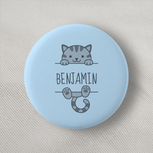 Grey Tabby Cat Peeking behind Custom Name Blue Button