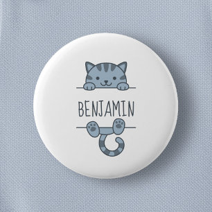 Grey Tabby Cat Peeking behind Custom Name Button