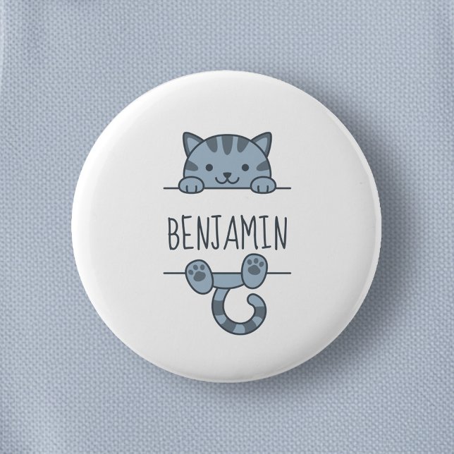 Grey Tabby Cat Peeking behind Custom Name Button (Creator Uploaded)