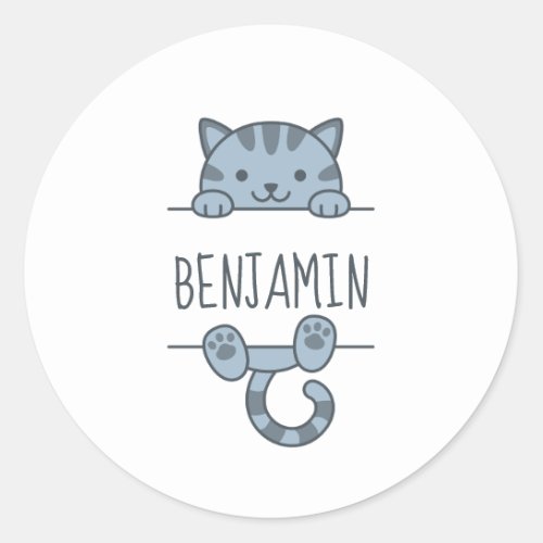 Grey Tabby Cat Peeking behind Custom Name Classic Round Sticker