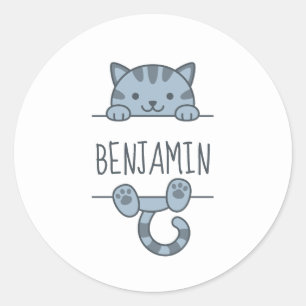 Grey Tabby Cat Peeking behind Custom Name Classic Round Sticker