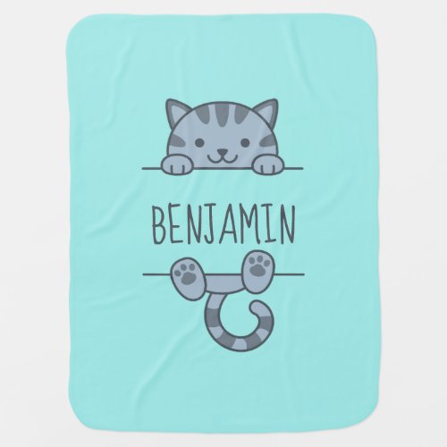 Grey Tabby Cat Peeking behind Custom Name Green Baby Blanket