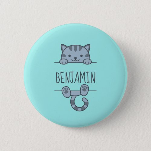 Grey Tabby Cat Peeking behind Custom Name Green Button