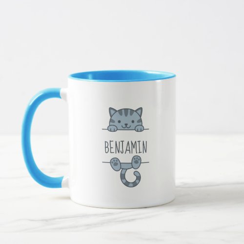 Grey Tabby Cat Peeking behind Custom Name Mug