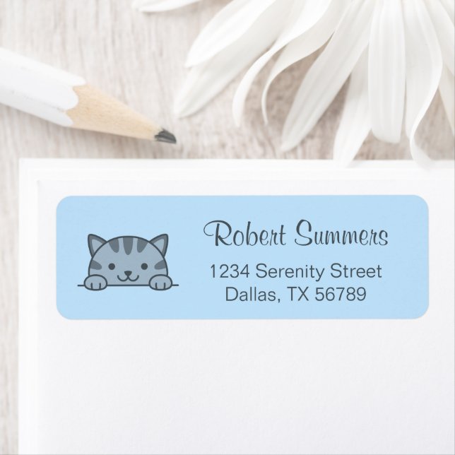 Grey Tabby Cat Pet Return Address Blue Label (Insitu)