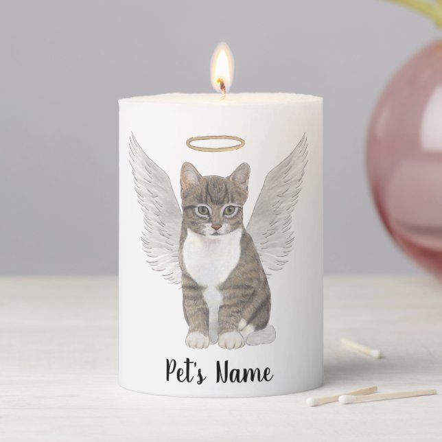 Grey Tabby Cat Sympathy Memorial Pillar Candle (In Situ)
