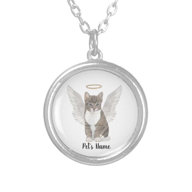 Grey Tabby Cat Sympathy Memorial Silver Plated Necklace (Front)