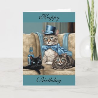Grey tabby cat with a cape and top hat birthday