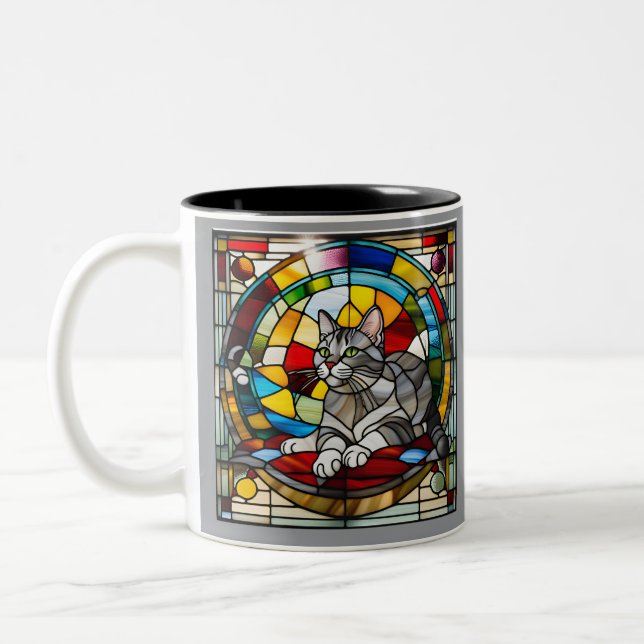 Grey Tabby Stained Glass Two-Tone Coffee Mug (Left)