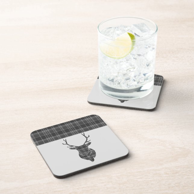 Grey Tartan Pattern Stag Beverage Coaster (Right Side)