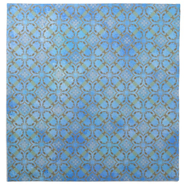 Grey, Taupe, Blue, Green Scrolled Diamond Pattern Cloth Napkin (Front)