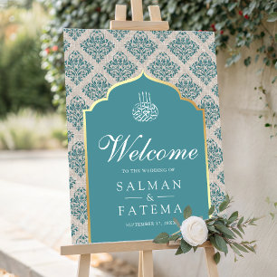 Grey Teal Damask Muslim Wedding Welcome Sign