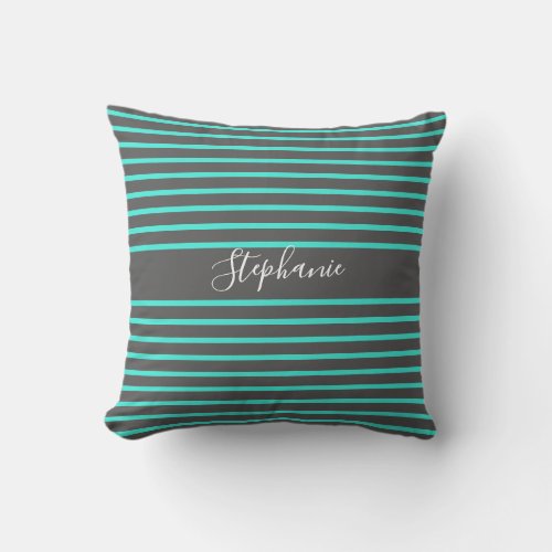 Grey Teal Stripes Patterns White Custom Name Cute Outdoor Pillow
