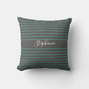 Grey Teal Thin Stripes Patterns White Custom Name Outdoor Pillow