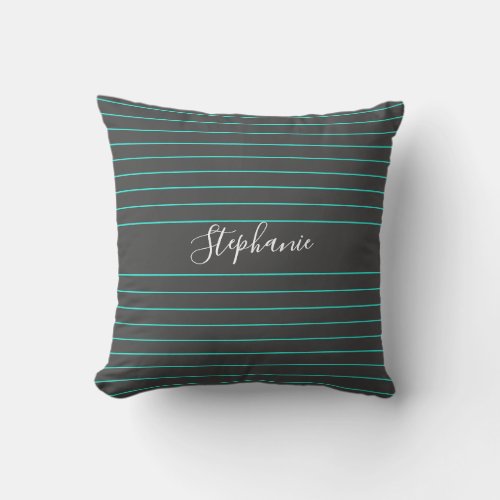 Grey Teal Thin Stripes Patterns White Custom Name Throw Pillow