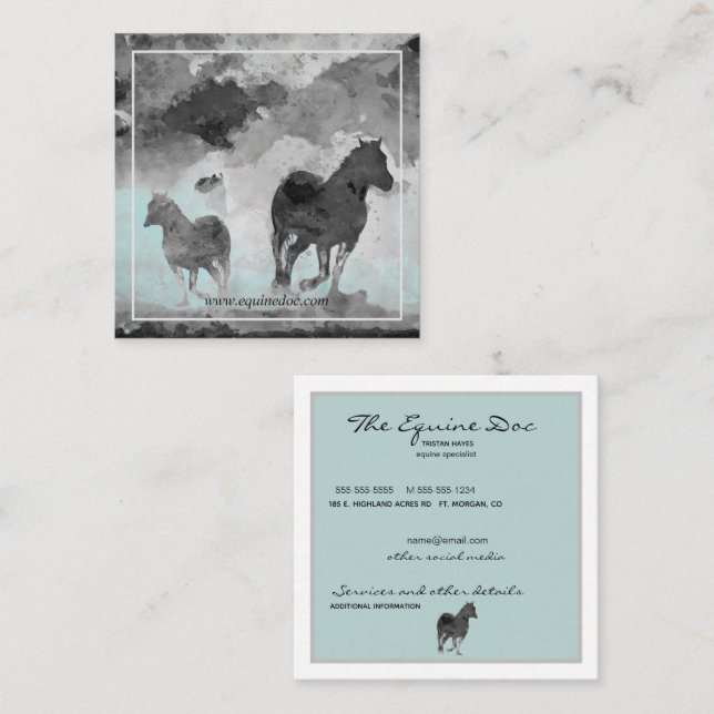 grey teal watercolor horses square business card (Front/Back)