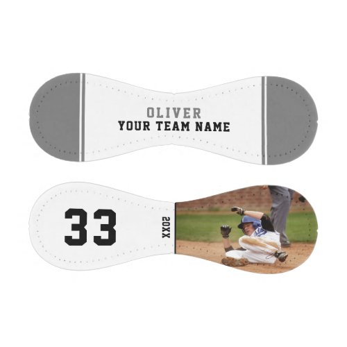 Grey Team Name Player Number Name Photo Baseball - Custom Grey Team Name Player Number Name Photo Baseball. The text is trendy black and grey on a white background with grey stripe. You can change any text on the baseball or erase it. A perfect gift for a baseball player, teammates, coach, your friends and family. Personalize it with your photo, name, team name and the year. Great keepsake to remember your favorite sport.
