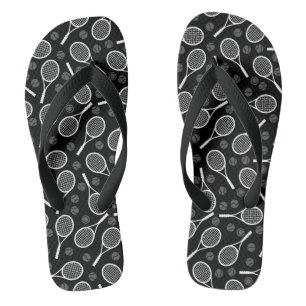 Grey Tennis Rackets and Balls Pattern Sporty Black Flip Flops