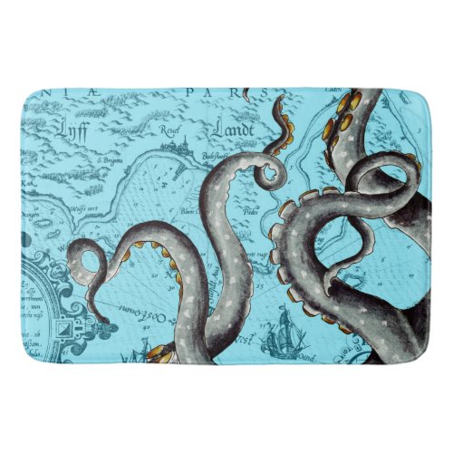 Grey Tentacles On Blue Vintage Map Bath Mat