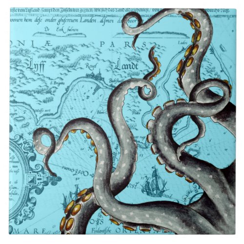 Grey Tentacles On Blue Vintage Map Ceramic Tile