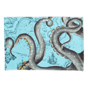 Grey Tentacles On Blue Vintage Map Pillow Case