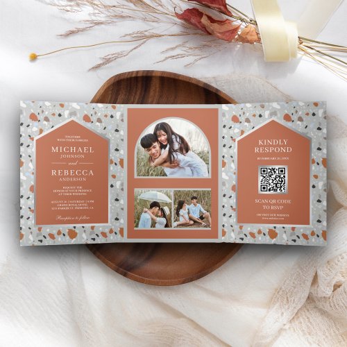 Grey Terrazzo Tile Terracotta Arch QR Code Wedding Tri_Fold Invitation