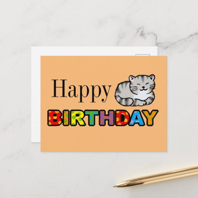 grey tiger cat happy birthday card (Front/Back In Situ)