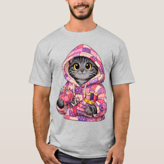 Grey tiger cat in upcycled quilt hoodie T-Shirt