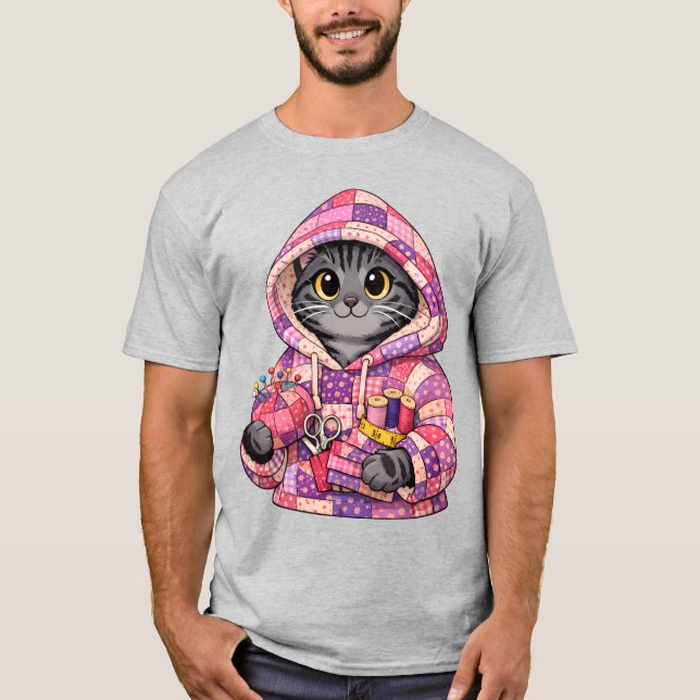 Grey tiger cat in upcycled quilt hoodie T-Shirt (Front)