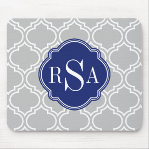Grey Tile Lattice Pattern Blue Monogram Mouse Pad